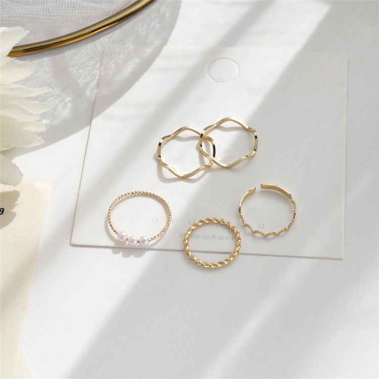 Korean Simple Five Piece Set Ring Gold and Silver Pearl Ring For Women