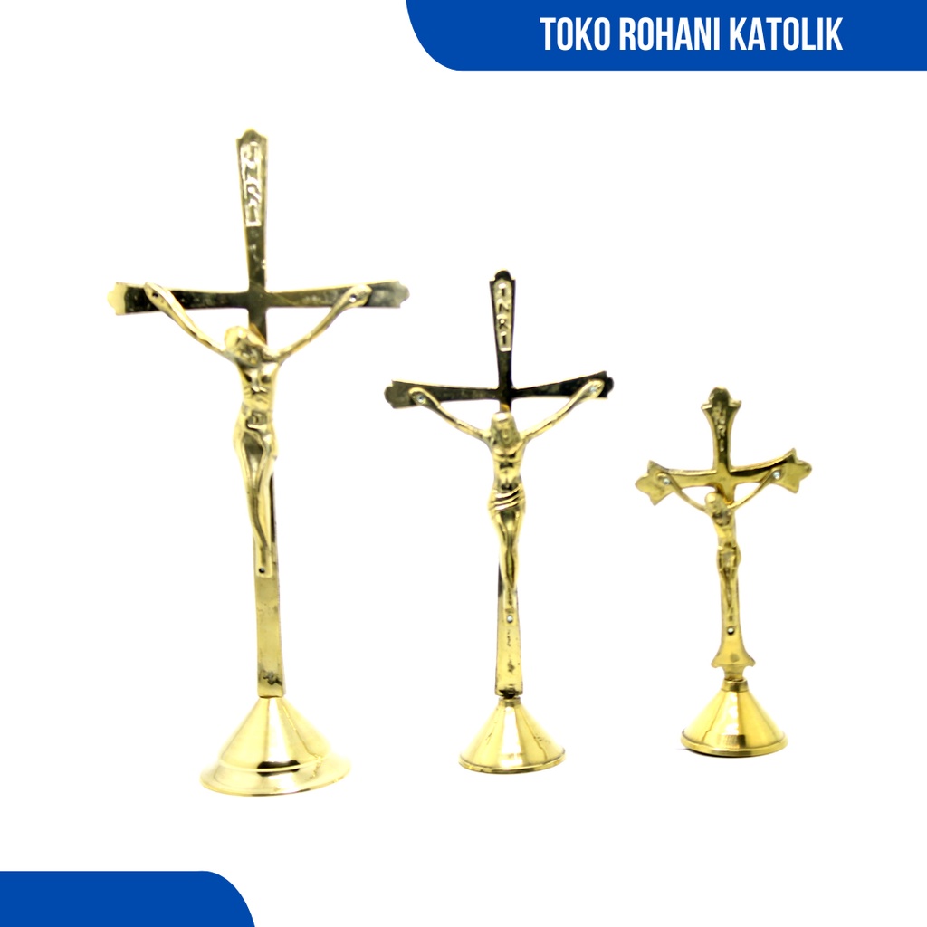 SALIB DUDUK KATOLIK KUNINGAN 16-25 CM / SALIB MEJA KATOLIK / SALIB ALTAR