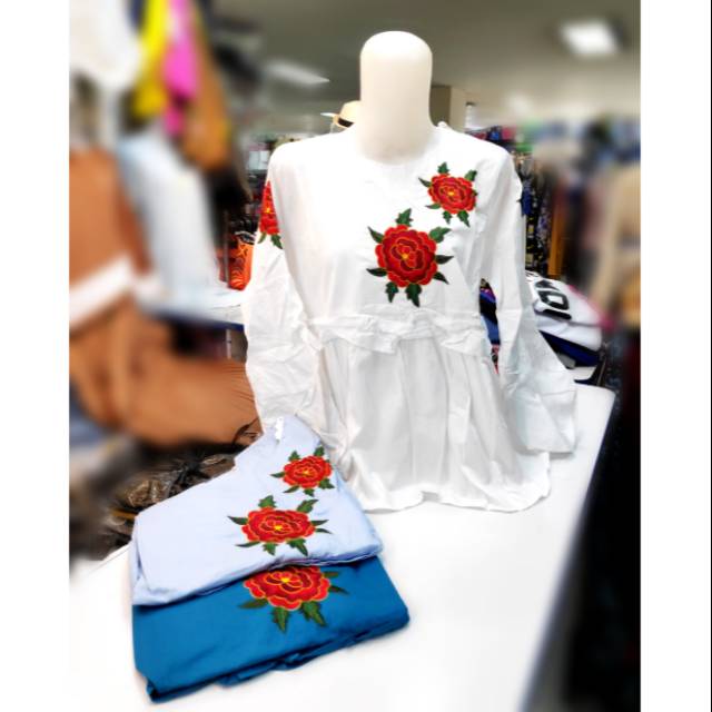 Blouse katoon wanita kombinasi bordir bunga rempel bawah tangan balon milady