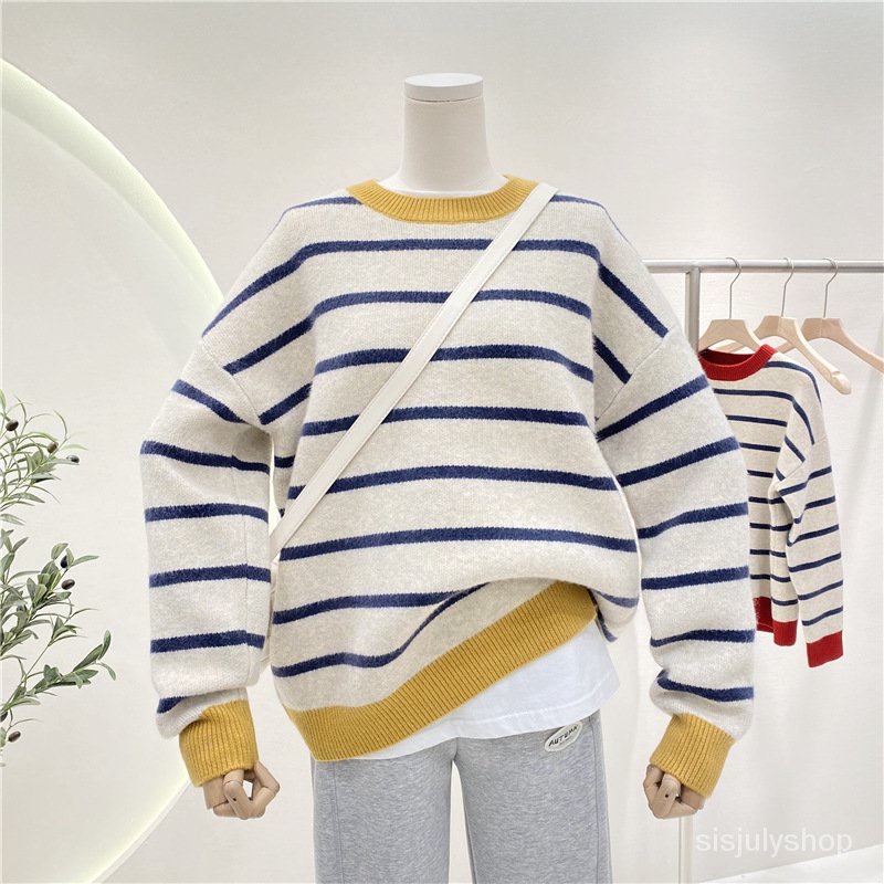 #Sisjuly# Jaket Rajut Leher Bulat Warna Kontras Longgar Baru Wanita Pakaian Luar Atasan Bergaris Sed