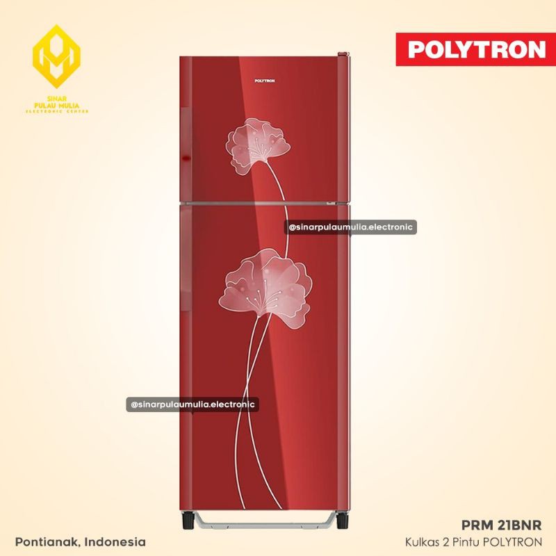 Kulkas Polytron PRM 21BNR Belleza 2 Pintu, Kapasitas 210 Liter dengan Desain Tempered Glass Door Motif Bunga Lily