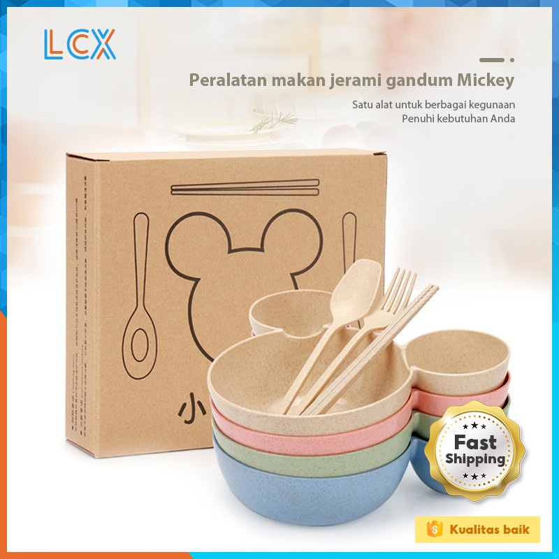 LCX Mangkok Set Peralatan Makan Anak 4 in1Bahan Jerami Gandum Children Tableware Piring Kartun