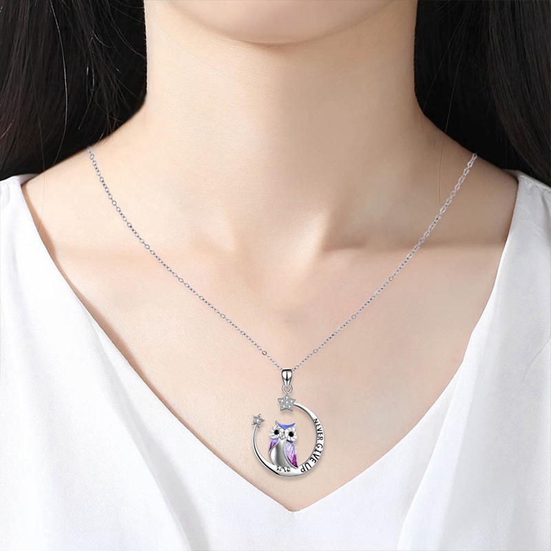Fancyqube Kalung Sterling Silver 925 Dengan Liontin Bulan Bintang Burung Hantu Aksen Kristal Biru Untuk Wanita