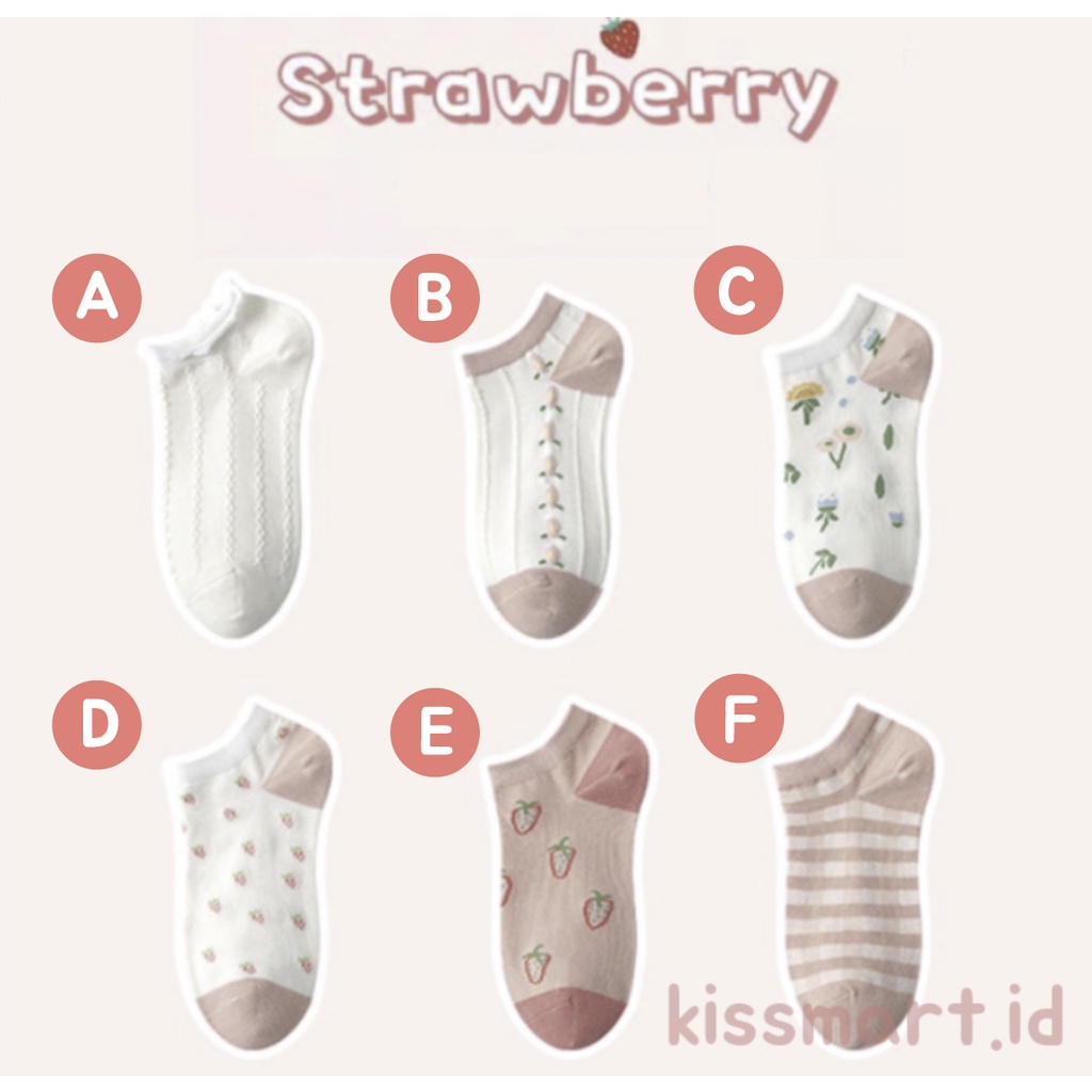 Kaos Kaki Strawberry Korea Sock Wanita Fashion Motif Stroberi Bunga Kaoskaki Pendek Import