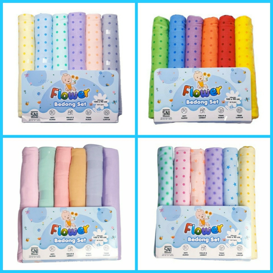 Bedong Bayi Rainbow isi 6 Merek Flower / Bedong Bahan Kaos Pastel / Bedong Baby Kaos Print Motif
