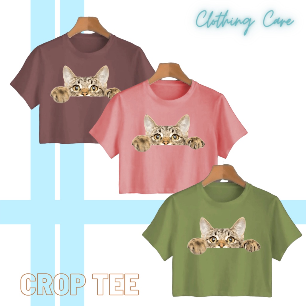 COD Crop Top Wanita Dewasa Kucing Crop Tee Wanita Gambar Kucing Kaos Crop Pendek Wanita Cat Kaos Cew