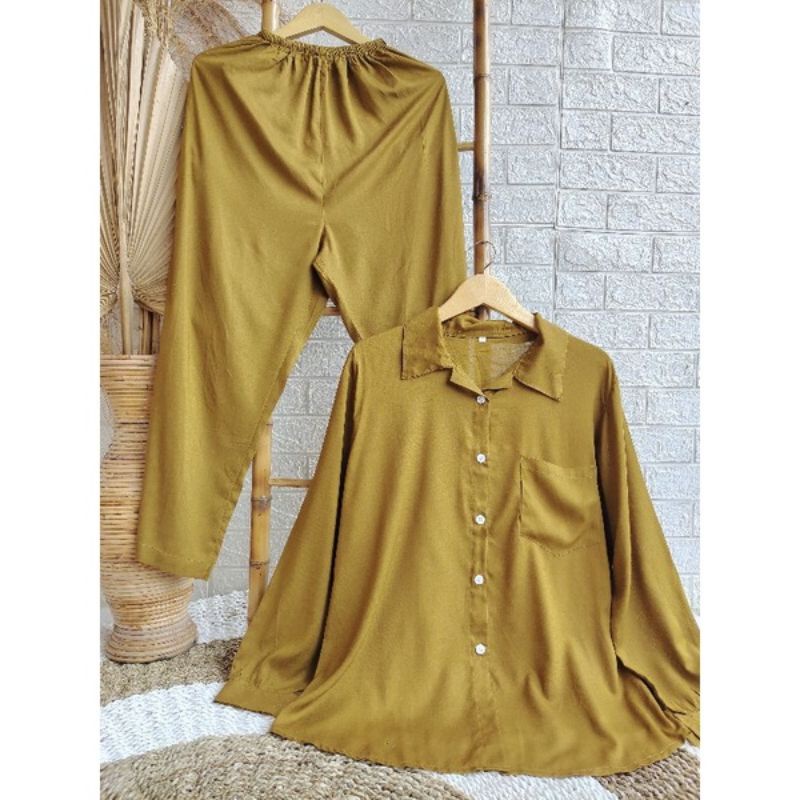 Set Kemeja Rayon Polos Setcel Rayon Set Rayon One Set Daily Pajamas Piyama Tidur wanita