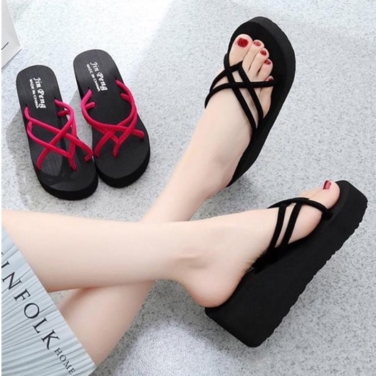 SANDAL WANITA WEDGES SPON TALI PLATFORM | SENDAL WEDGES SPON JEPIT TALI SILANG | WEDGES DEWASA HAK TINGGI