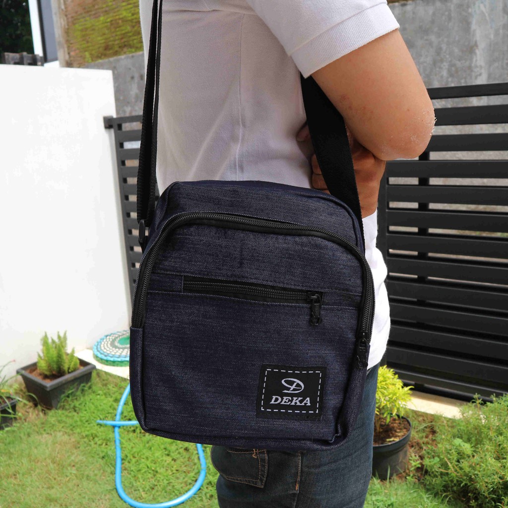 Jual Tas Selempang Bahan Denim Navy Murah Seminar Hadiah Souvenir Pria Wanita