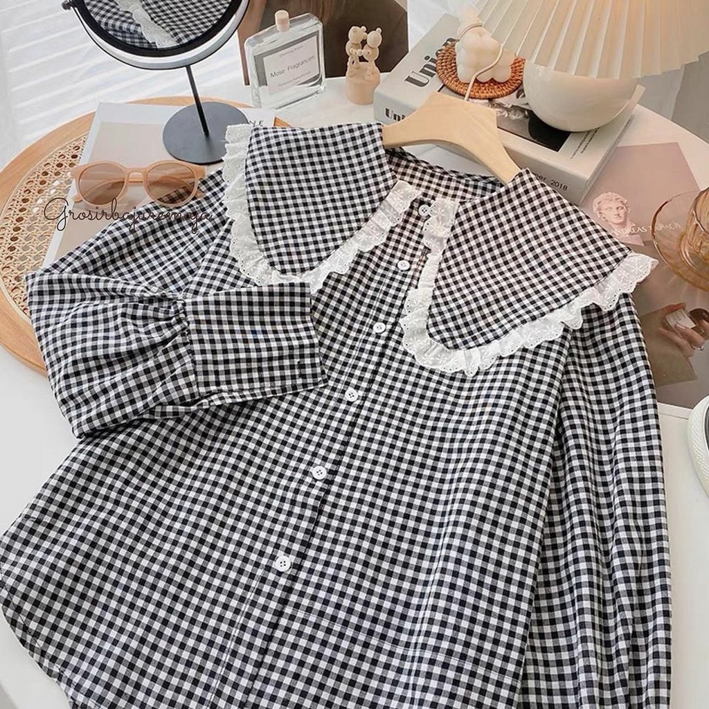 Momoko Top Blouse Tartan Korean Premium Kotak Katun Fit L Fashion Baju Atasan Kemeja Shirt Remaja Mu