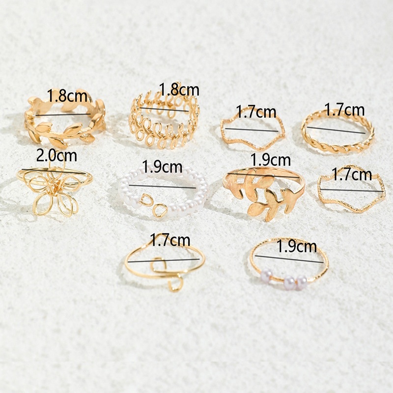 10pcs / Set Cincin Wanita Model Terbuka Desain Geometri / Bunga / Daun Hias Mutiara Gaya Elegan Adjustable Untuk Pesta