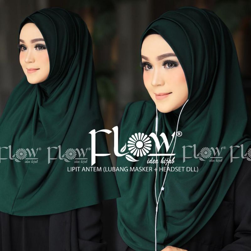 Jilbab Instan Simpel 2in1 Lipit Ori Flow-Hijau Botol