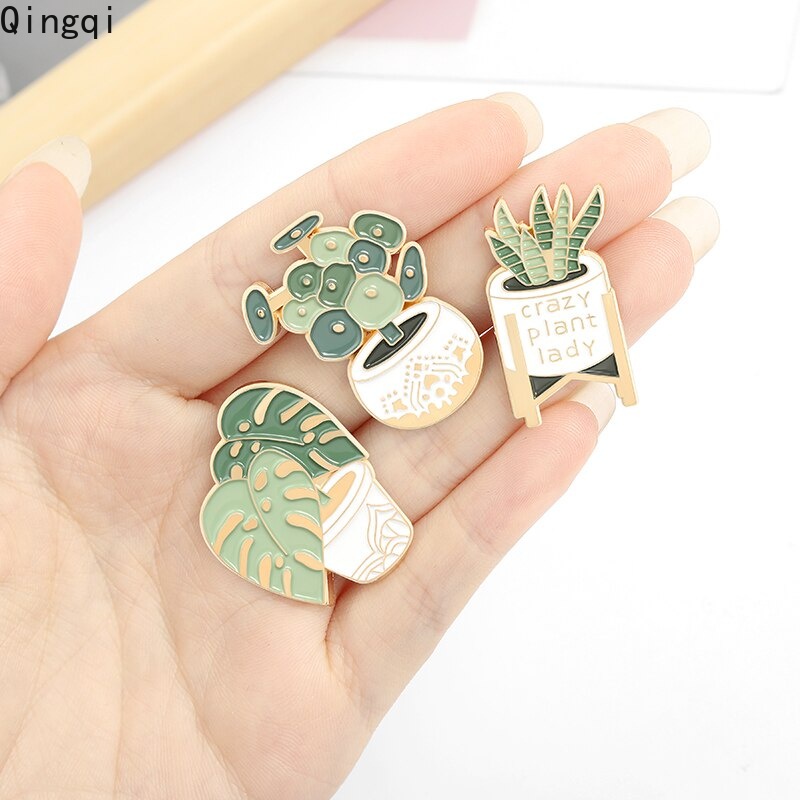 Bros Pin Enamel Desain Kartun Tanaman Pot Monstera Sansevieria Untuk Hadiah Teman