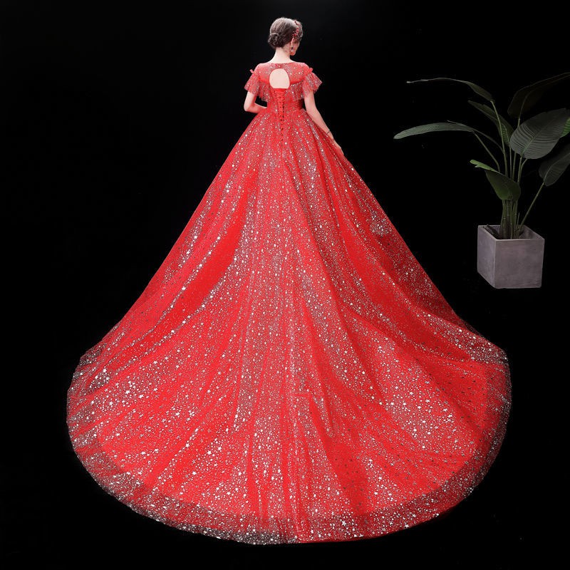 154 Red Bling BLing Short Sleeve Long Tail Women Bridal Wedding Gown Dress