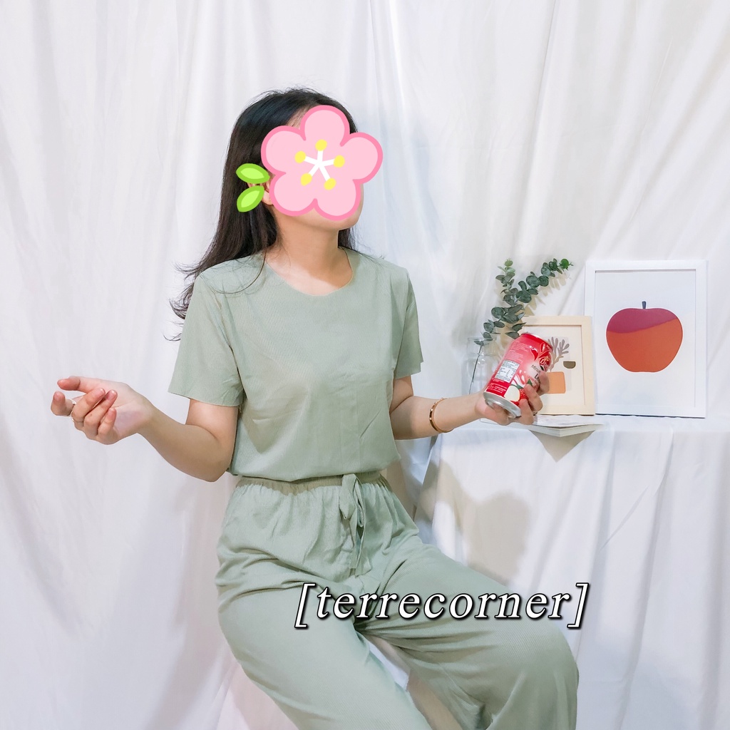 BAJU TIDUR WANITA PIYAMA WANITA PIYAMA PANJANG WANITA BAJU TIDUR PANJANG WANITA BAJU TIDUR PIYAMA PIYAMA LENGAN PENDEK BAJU TIDUR WANITA POLOS THARA LONG SET-Hijau
