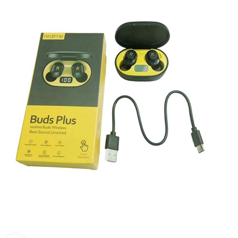 Realme Earphone Bluetooth Buds Plus Wireless LED Headset/ Headset Realme Bluetooth Kuning Hitam