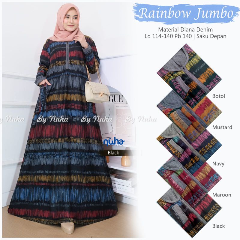 TERBARU GAMIS JUMBO RAINBOW (busui), BAHAN DIANA DENIM, LD.114-140 PB.140, SAKU DEPAN, by NUHA