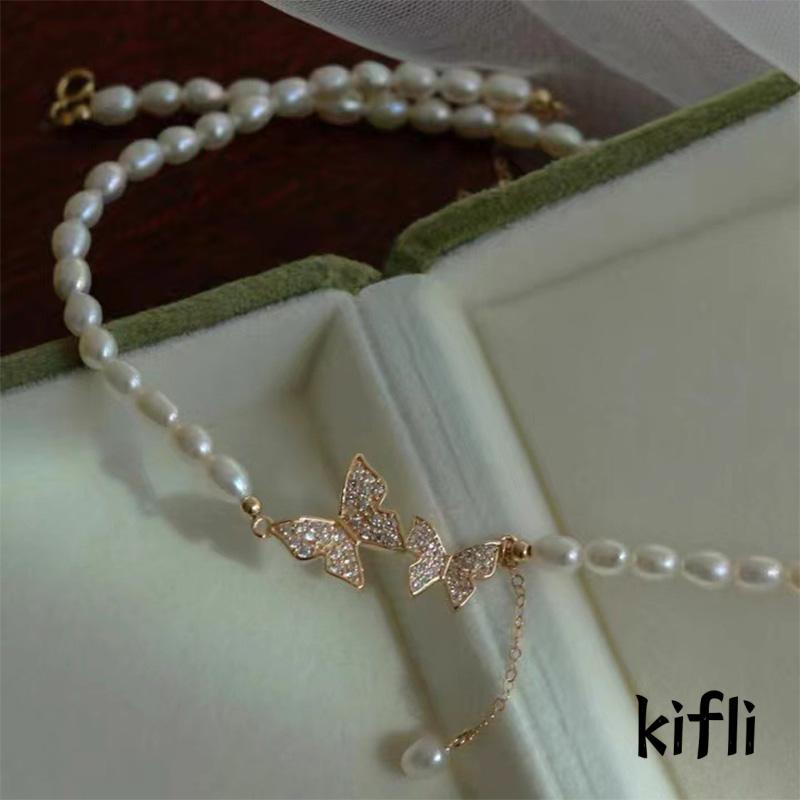 Butterfly Kalung Rantai Liontin Kupu-Kupu Hias Zircon + Mutiara Mewah Ringan Untuk Wanita (KD)