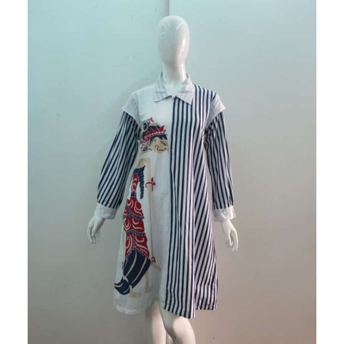 Tunik Dress Batik Asli Solo Wayang Putih Dengan Bahan Katun Halus Cocok Untuk Kerja Kondangan Dll