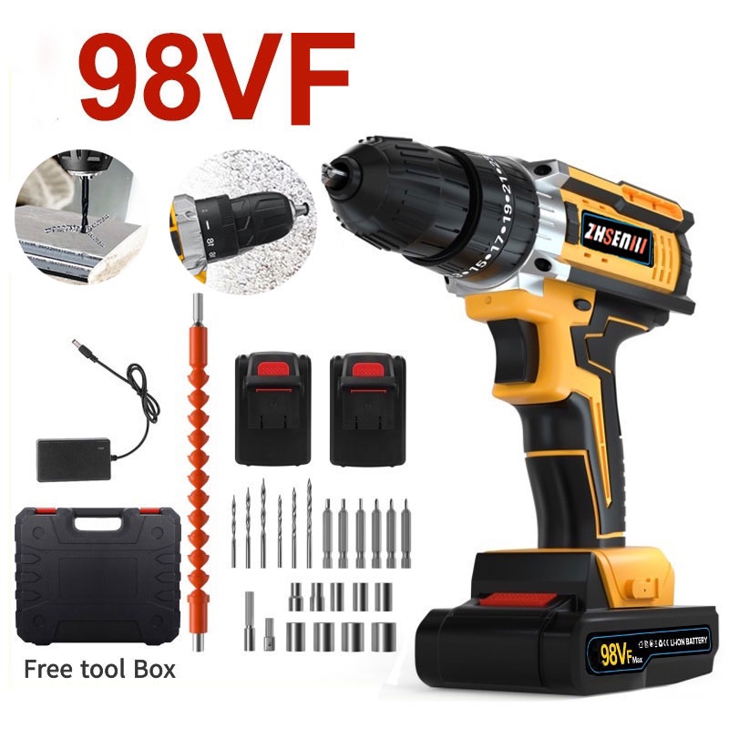 98VF Mesin Bor Cordless/Bor Baterai/ Bor Listrik/Beton Besi Kayu/Bor listrik daya tinggi/bor dampak/jaminan kualitas Garansi satu tahun