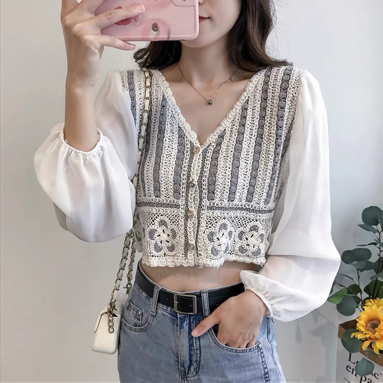 Wanita retro jahitan crochet kemeja sifon putih wanita gaya barat desain niche pendek super peri chi