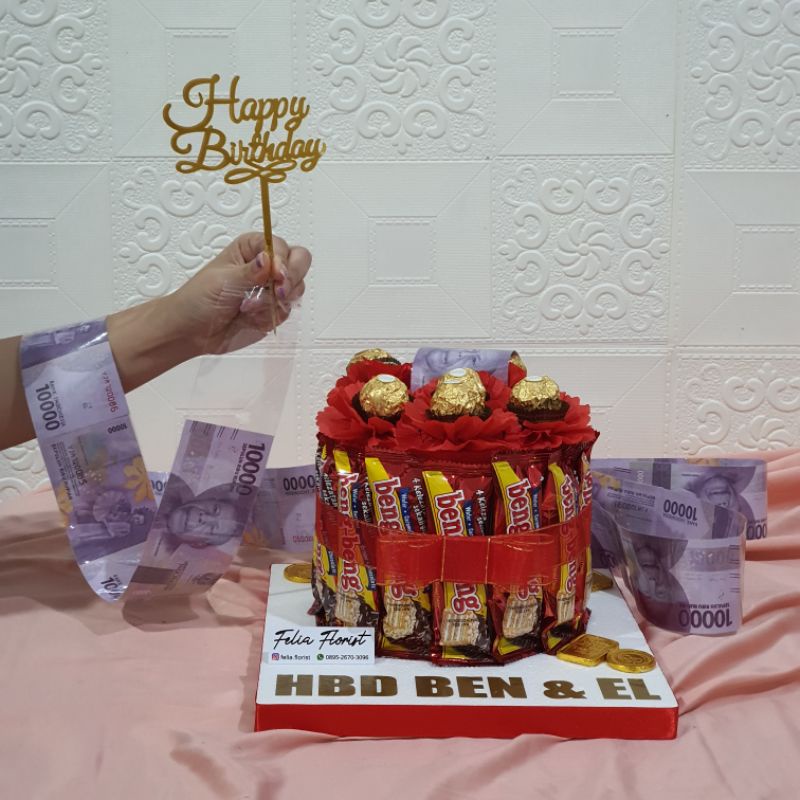Birthday Cake | Kue Ultah | Anniv Cake | Pull Out Money Cake + 14 Beng-beng + 6 Ferrero | Kue Uang Tarik