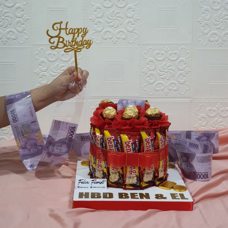 Birthday Cake | Kue Ultah | Anniv Cake | Pull Out Money Cake + 14 Beng-beng + 6 Ferrero | Kue Uang T