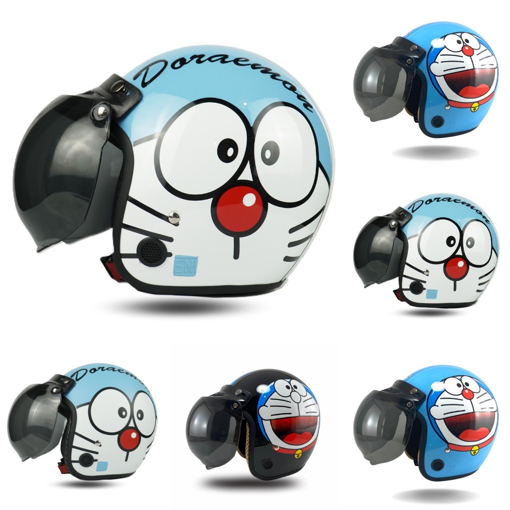 Helm Bogo Dewasa Motif DORAEMON Warna Pastel Motor Sni Helem Retro KACA DATAR HITAM