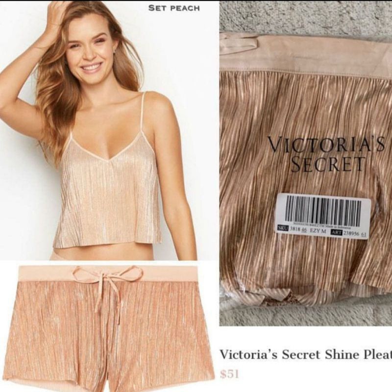 ORI Victoria's Secret Shine Pleat Cami Set PEACH/Lingerie/Lingeri/Baju Tidur Sexy
