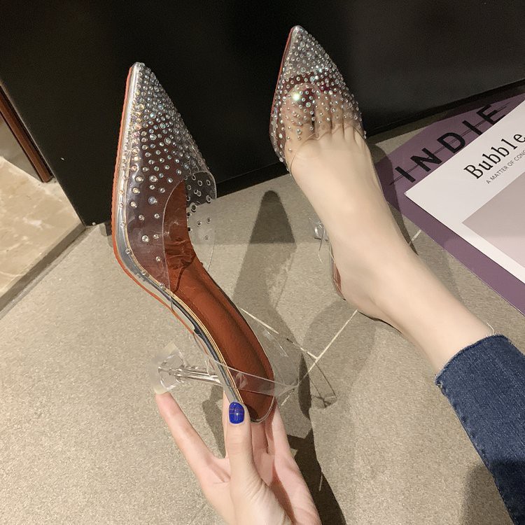 Korean Crystal Embellished PVC Transparant Pointy Glass Heels/Sepatu Hak Wanita C129 (35-39)