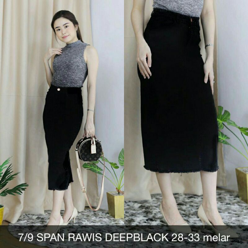 Rok Jeans Wanita Span 7/9 Denim Rawis Stretch Cewek Panjang-4