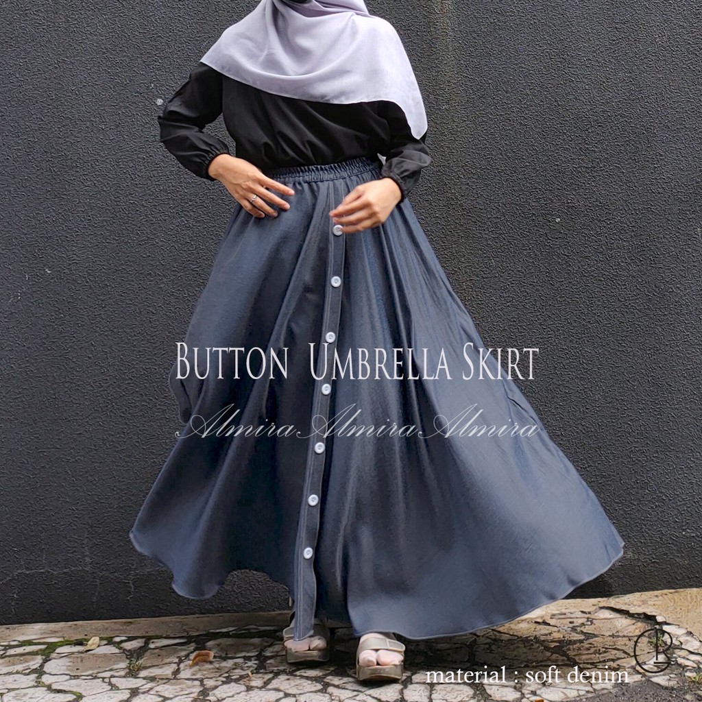 Rok Panjang Wanita Payung Muslimah Jeans Button Umbrella Skirt Chambray Soft Denim Griyaraditya