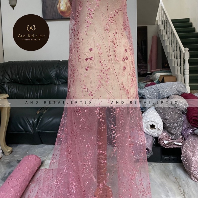 Bahan Brokat Akar Tile Mutiara Mahogany Glitter Warna Dusty Pink