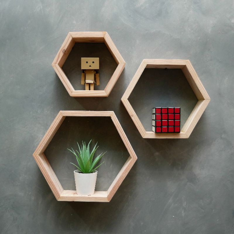 rak dinding hexagonal ambalan hexagon floating rak kayu 1 set 3pcs hiasan dinding kayu jati Belanda