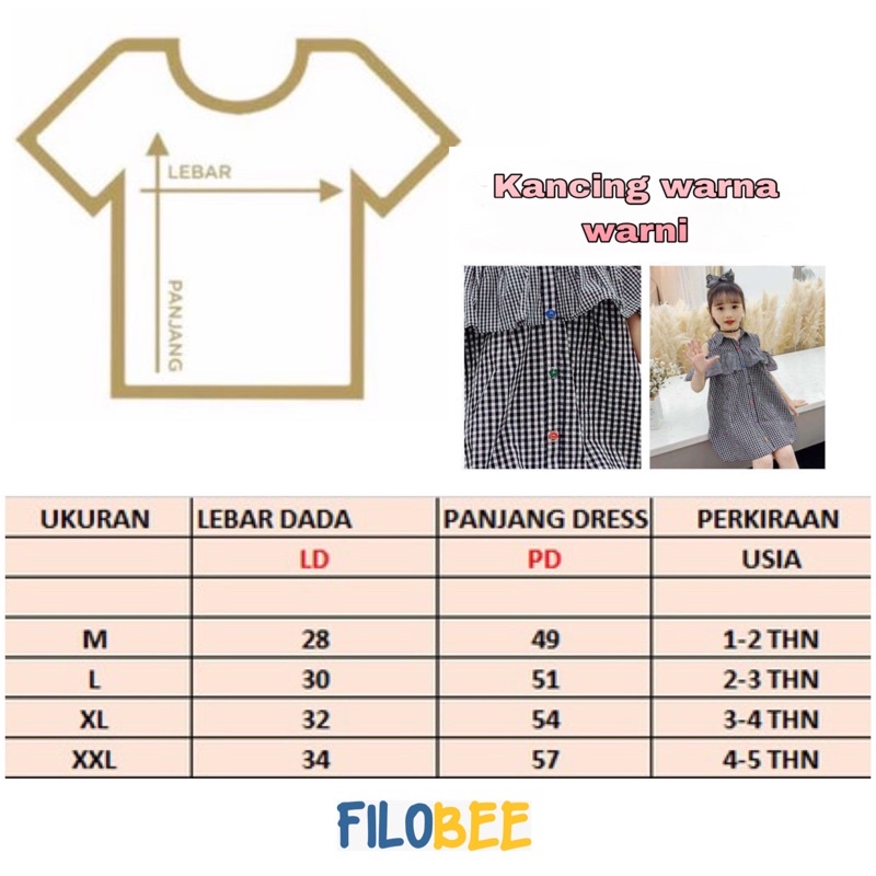 FILOBEE DRESS ANAK PEREMPUAN MOTIF KOTAK KOTAK KANCING WARNA WARNI TANGAN SABRINA