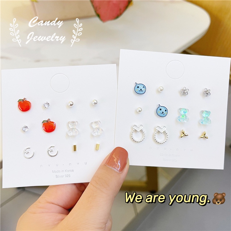 Candy Jewelry 5pair 6pair Fashion Stud Earrings Bear Flower Butterfly Bow Watermelon Geometric Earring for Women Rabbit Apple