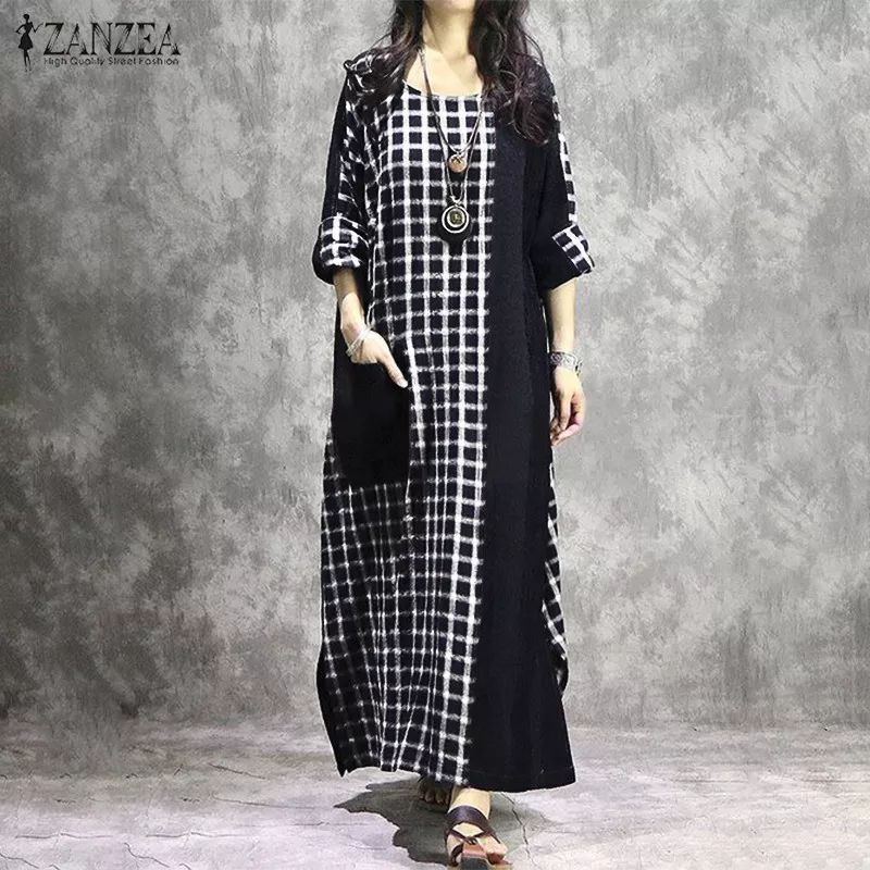 [ZANZEA BEKASI] Gaun Maxi wanita kotak kotak lengan panjang/Dress wanita jumbo S-5XL