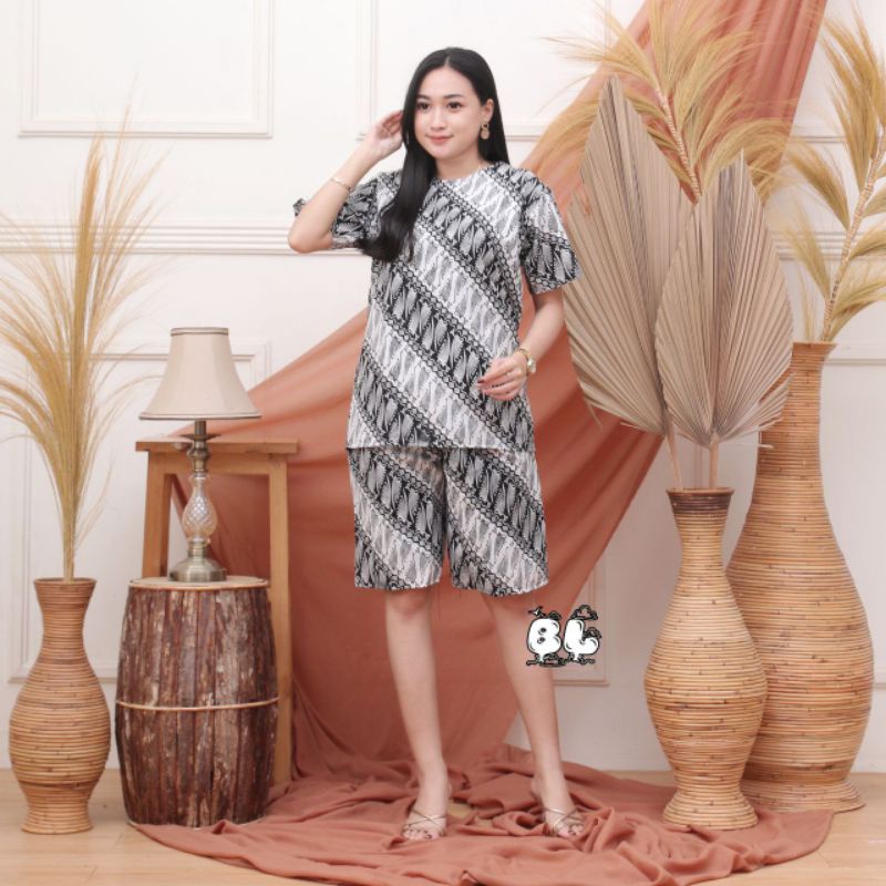 setelan kulot batik motif monochrome polkadot setelan wanita baju santai-G