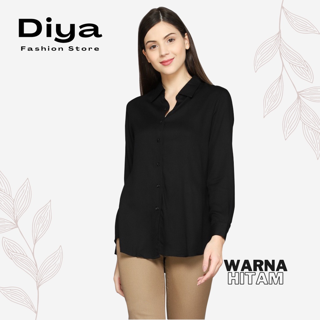 DiyaFashion Blouse Kemeja Wanita Korean Style Lengan Panjang Army Polos-HITAM