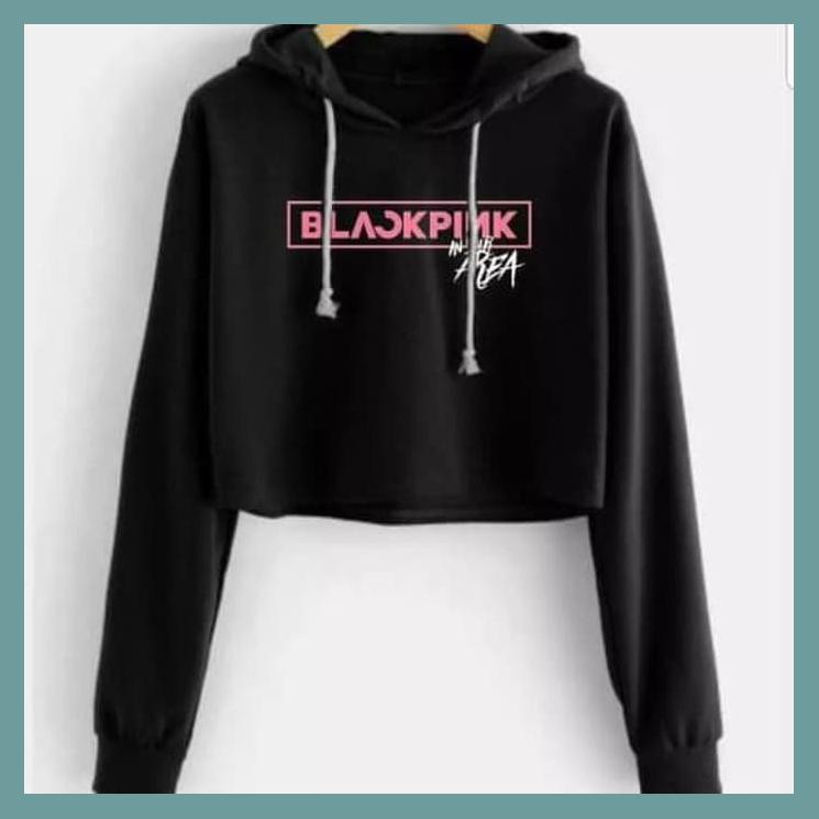 SWEATER HOODIE CROP BLACKPINK HITAM