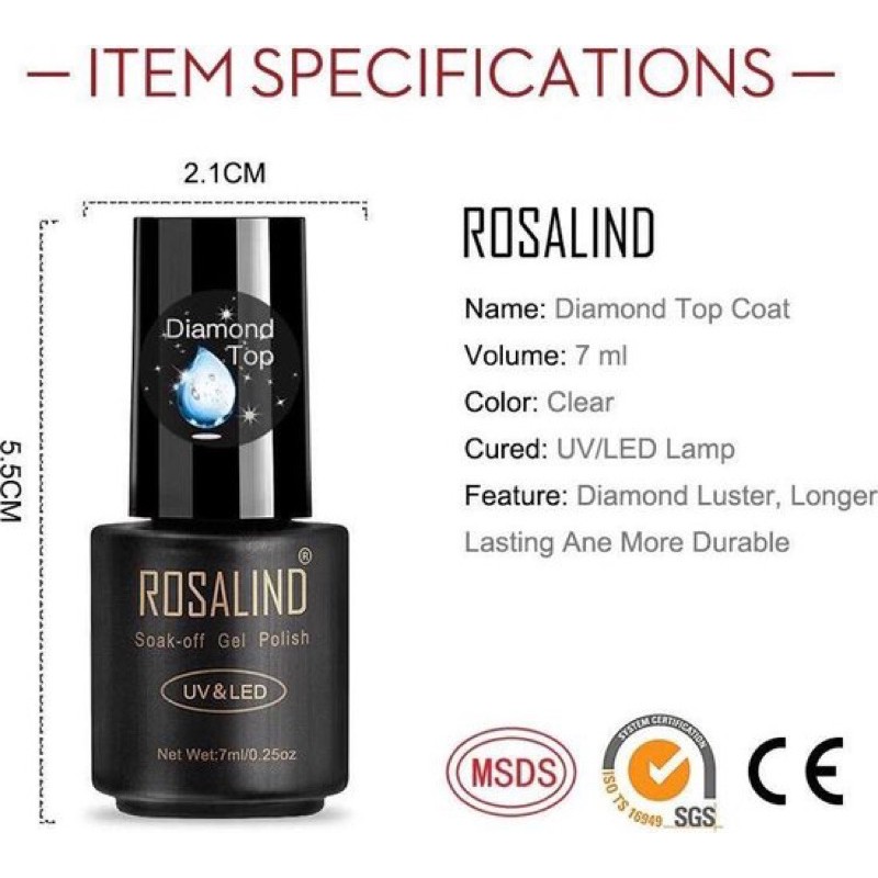 ROSALIND DIAMOND TOP COAT 7ml SHINY KILAP TAHAN LAMA UV GEL POLISH