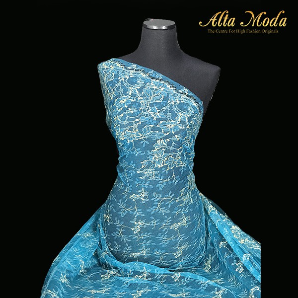 

Alta Moda Brokat Perancis Chantilly Urat - Biru Tosca Emas