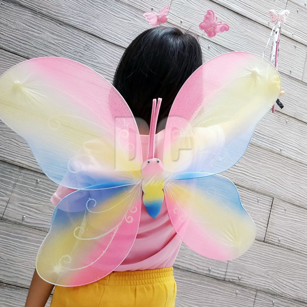 Sayap Kupu Pelangi Warna RANDOM Fairy Wings Bando &amp; Tongkat Belle Aurora Frozen Elsa Cinderella Snow White Tiana