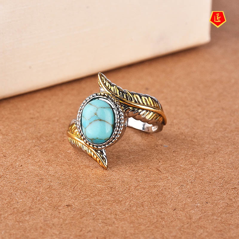 [Ready Stock]Luxury Inlaid Turquoise Feather Ring Gold Color Separation