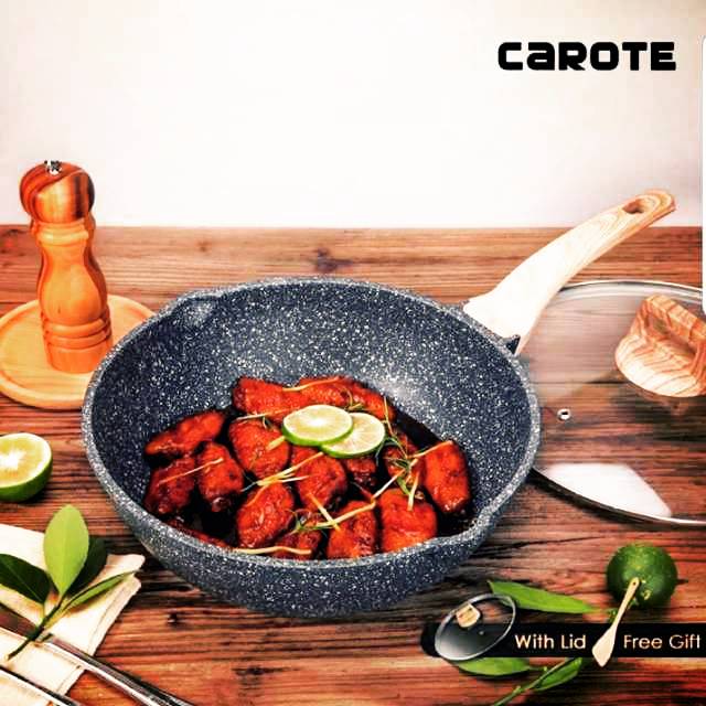 CAROTE Wok Pan size 28 (READY Stock) Deep Fry Pan Granite stone w Lid Wajan