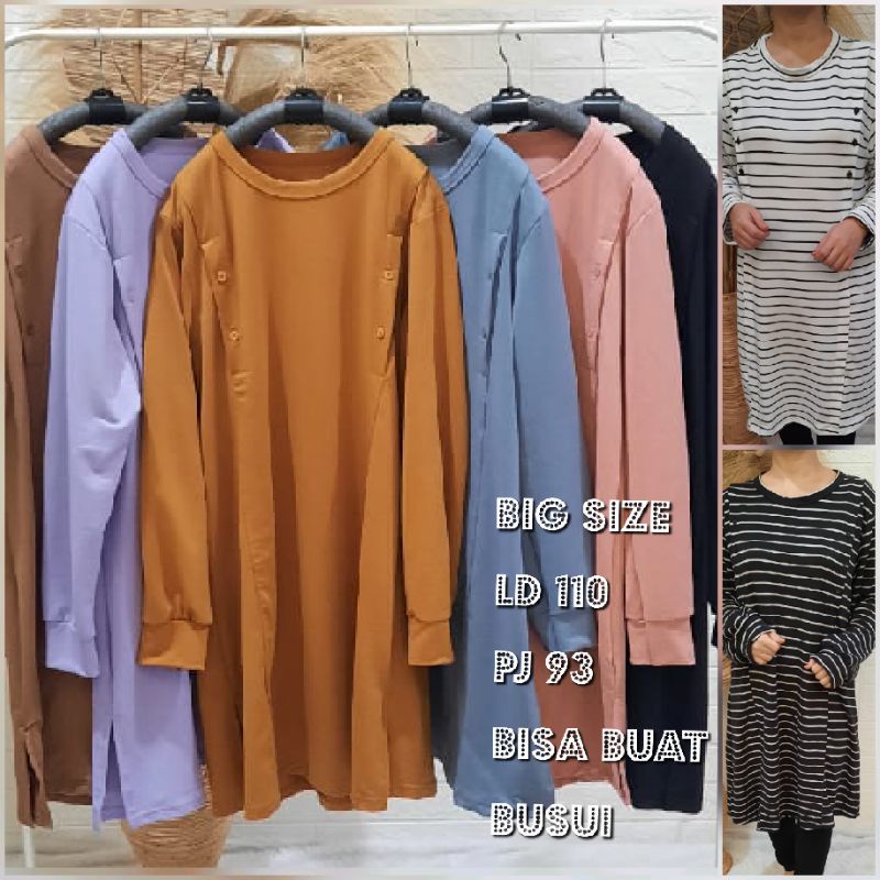 Tunik ATASAN KAOS WANITA BIG SIZE ld 110 BABYTERI SPANDEK TEBAL LENGAN PANJANG MANSET BUSUI KANCING 