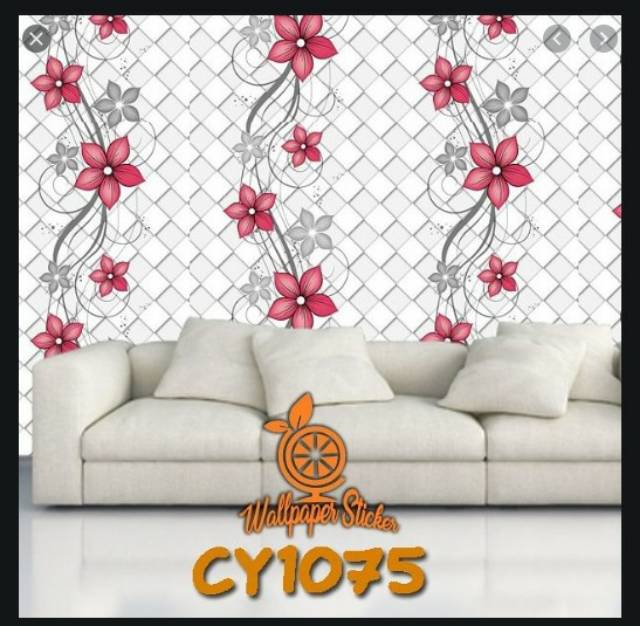 Wallpaper sticker dinding motif SALUR BUNGA MERAH silver ukuran 45 cm x 7,5-8  m kode CY1075