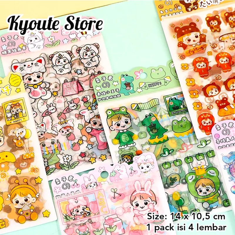 

4 Lembar Sticker Dekorasi Anak Frog Bear Cat Bee Bunny Mermaid Cute Girl Lucu