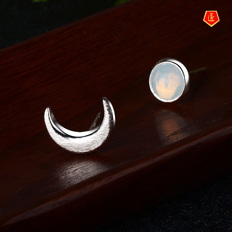 [Ready Stock]Asymmetric Moonstone Sun and Moon Stud Earrings