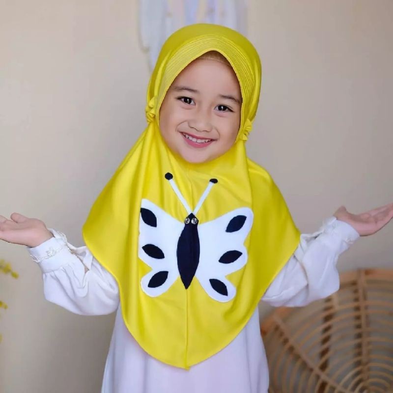 kerudung Devia Morif Kupu Kupu anak instant Premium 3th - 6 tahun terbaru | jilbab lucu bayi Perempuan sekolah tk 4 - 5 thn | hijab Tanggung baby sd bahan jersey lembut adem